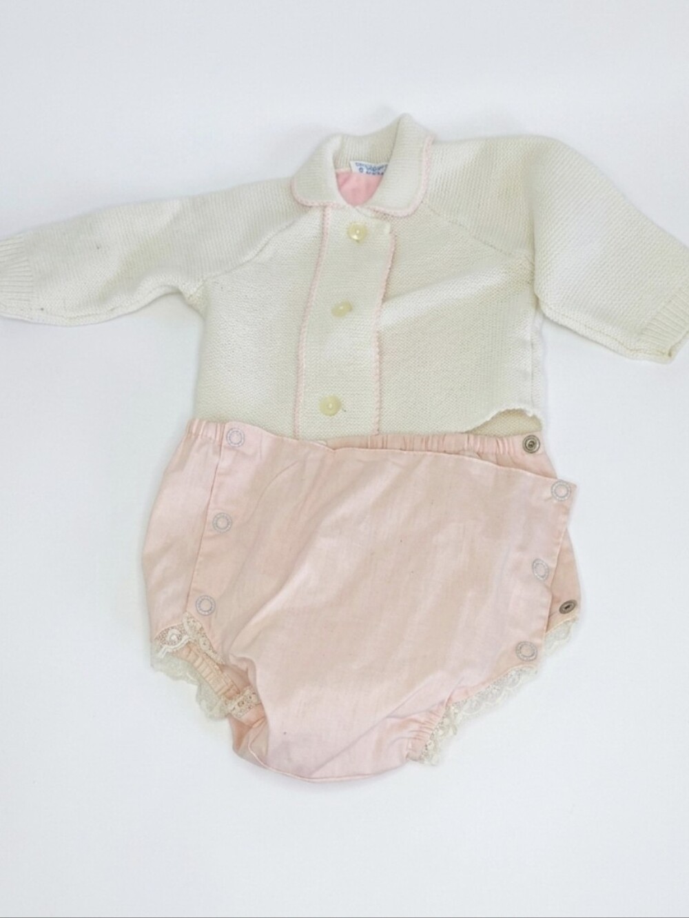 Vintage Baby Clothing Sweater Pink  Diaper Cover Lace Trim Halles Made In Spain